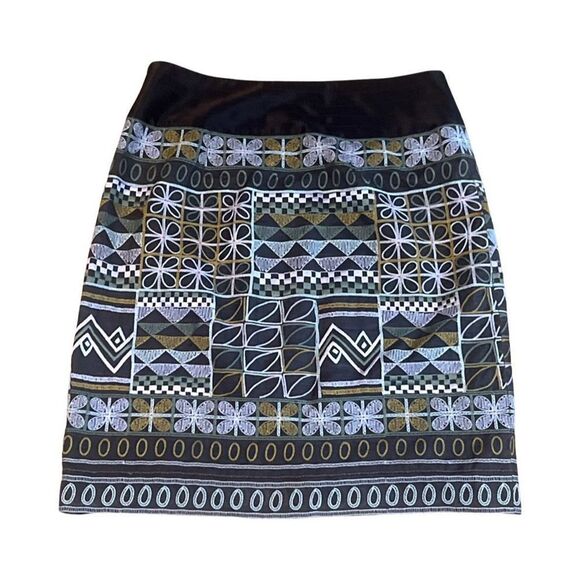 Etcetera Italian Brown Embroidered 100% Silk Geometric Pattern Womens skirt 6 - Picture 3 of 9